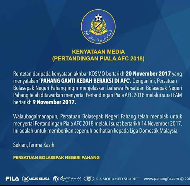 Ini Sebabnya Pahang Menolak Beraksi Di Piala AFC 2018!