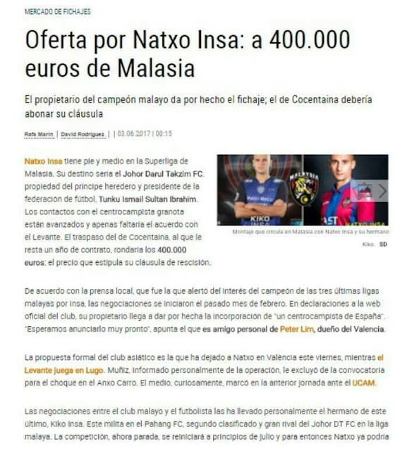 JDT Bida Natxo Insa Pemain Kelab Levante Dengan Tawaran RM1.9 Juta!
